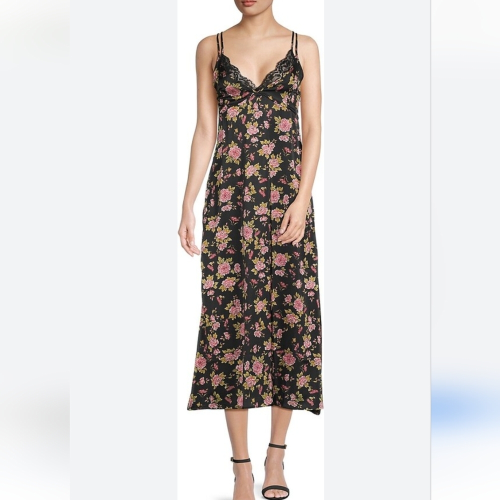 Zara Black Floral Lace-Trim Slip Midi Dress with Pink Roses NWT